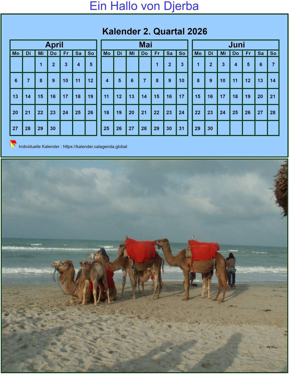 Kalender 2026 zum vierteljährlichen Ausdrucken, kleines Format, blauer Hintergrund, mit Foto