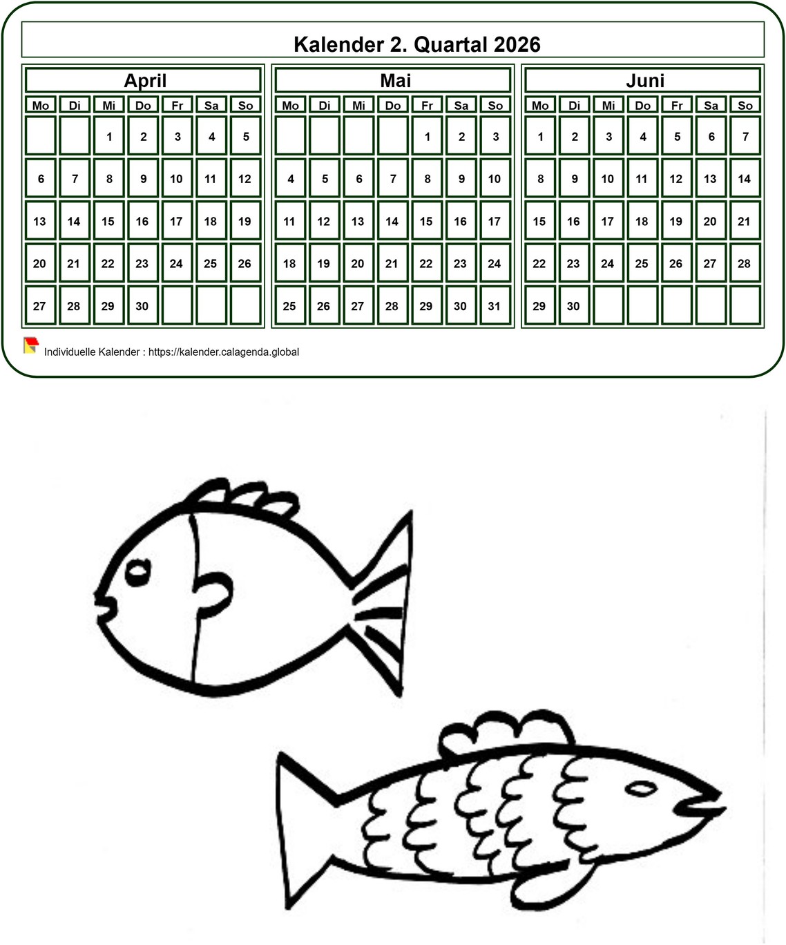 Kalender 2026 zum Ausmalen, vierteljährlich, Format Hochformat, für Kinder