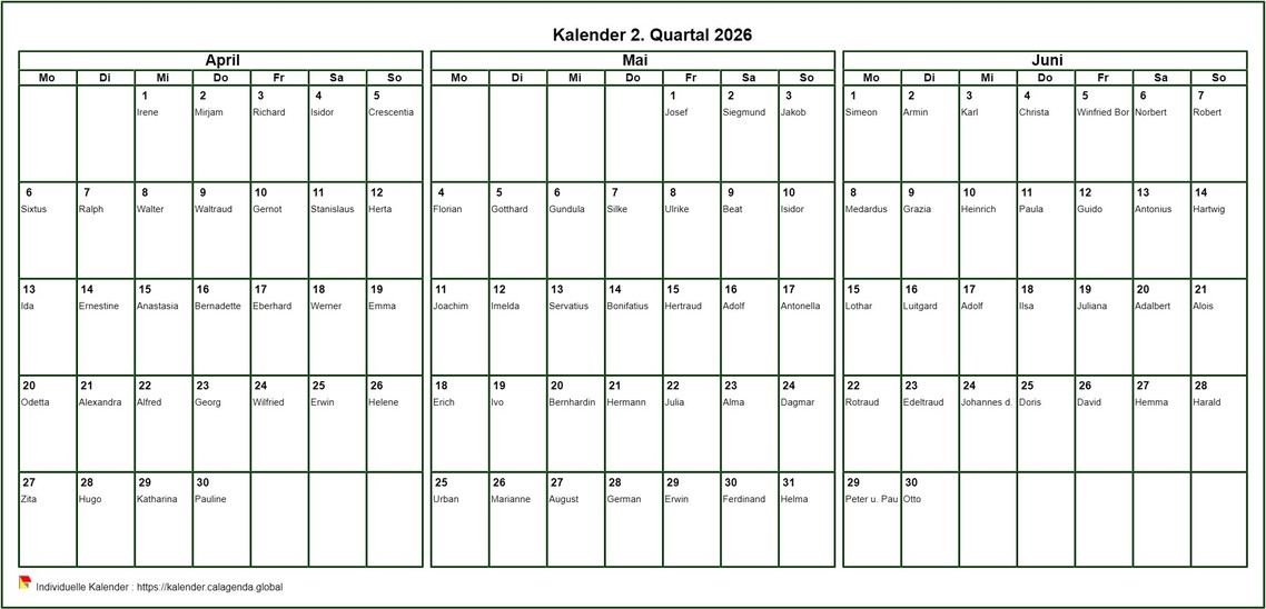 Kalender 2026 zum Drucken vierteljährlich, Format Querformat