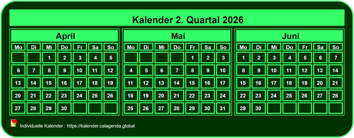 Kalender 2026 zum vierteljährlichen Ausdrucken, kleines Taschenformat, grüner Hintergrund