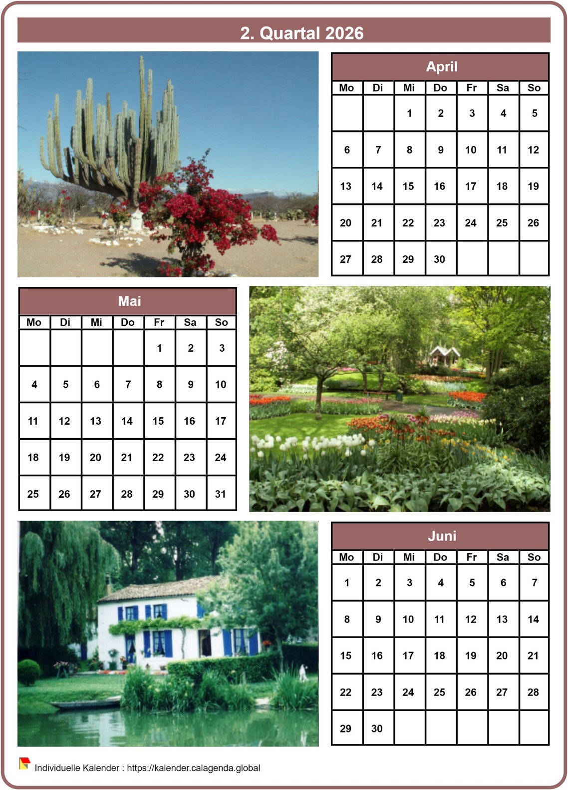 Kalender 2026 vierteljährlich mit jedem Monat einem anderen Foto