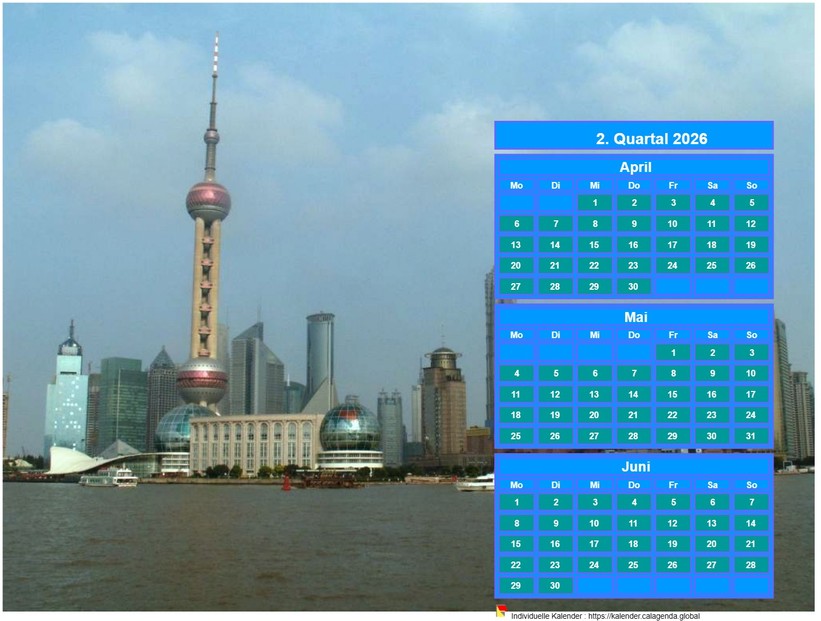 Kalender 2026 zum vierteljährlichen Ausdrucken, Format Querformat, oben rechts ein Foto (Shangaï).
