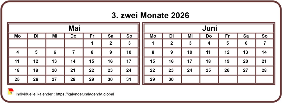 Kalender 2026 zwei Monate, klein horizontal, Taschenformat, weißer Hintergrund