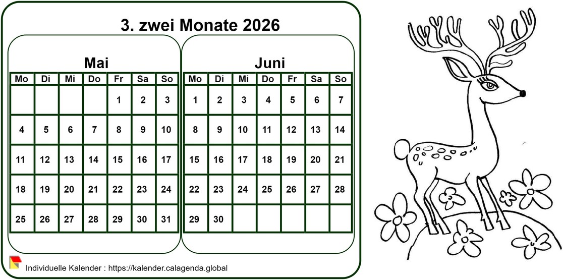 Kalender 2026 zum Ausmalen zweimonatlich, Format Querformat, für Kinder Kalender 2026 zum Ausmalen zweimonatlich, Format Querformat, für Kinder