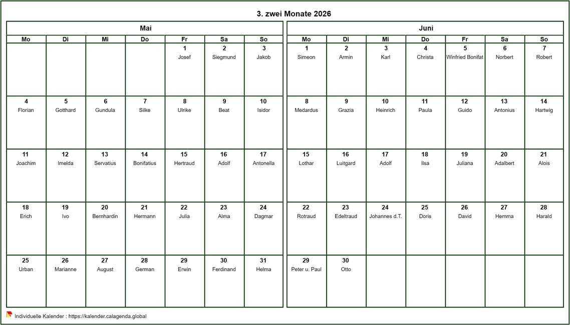 Kalender 2026 14-monatlich, Format quer, mit Namen Kalender 2026 14-monatlich, Format quer, mit Namen