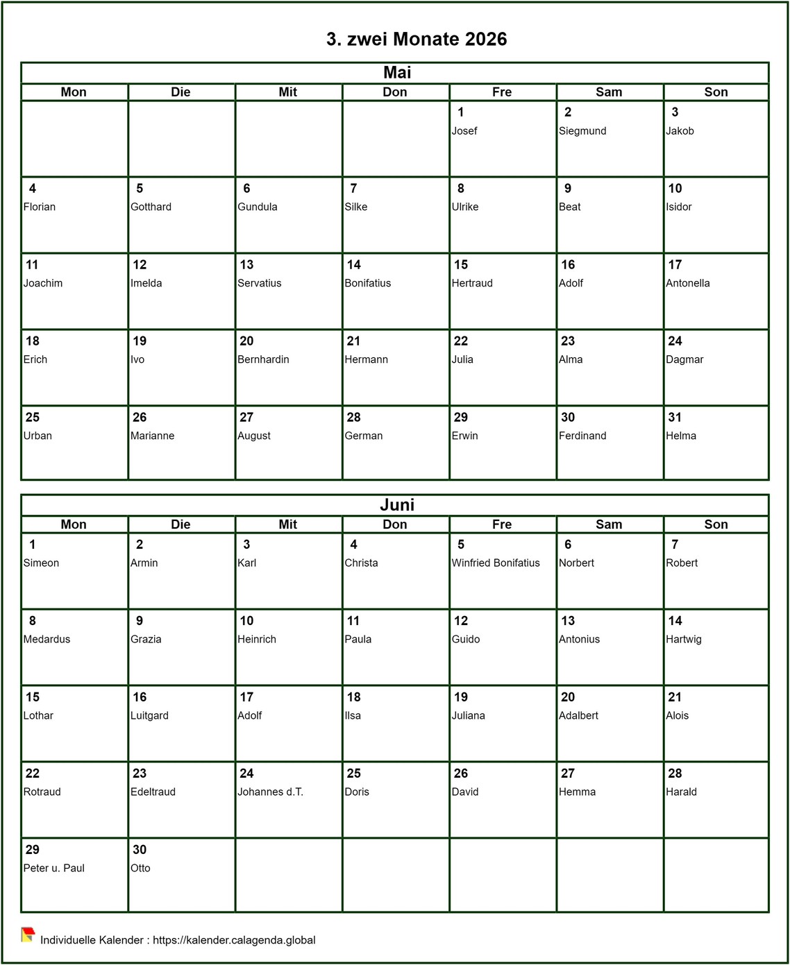 Kalender 2026 14-monatlich, Format Hochformat, mit Namen