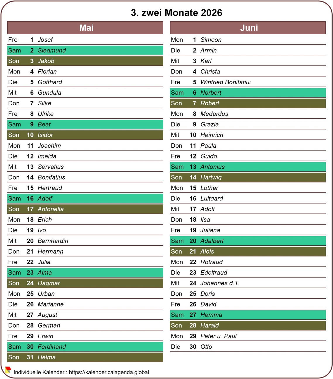 Kalender 2026 zweimonatlich mit ausführlicher Agenda, Format Hochformat, eine Spalte pro Monat