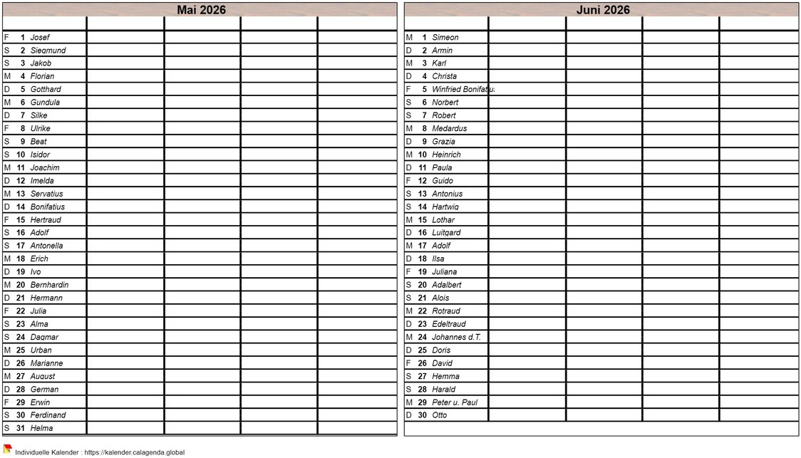 Kalender 2026 virgin Zweimonatsplanung, Format Hochformat, 4 Spalten