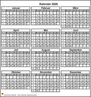 2026 Kalender zum Ausdrucken, Miniformat 3x4