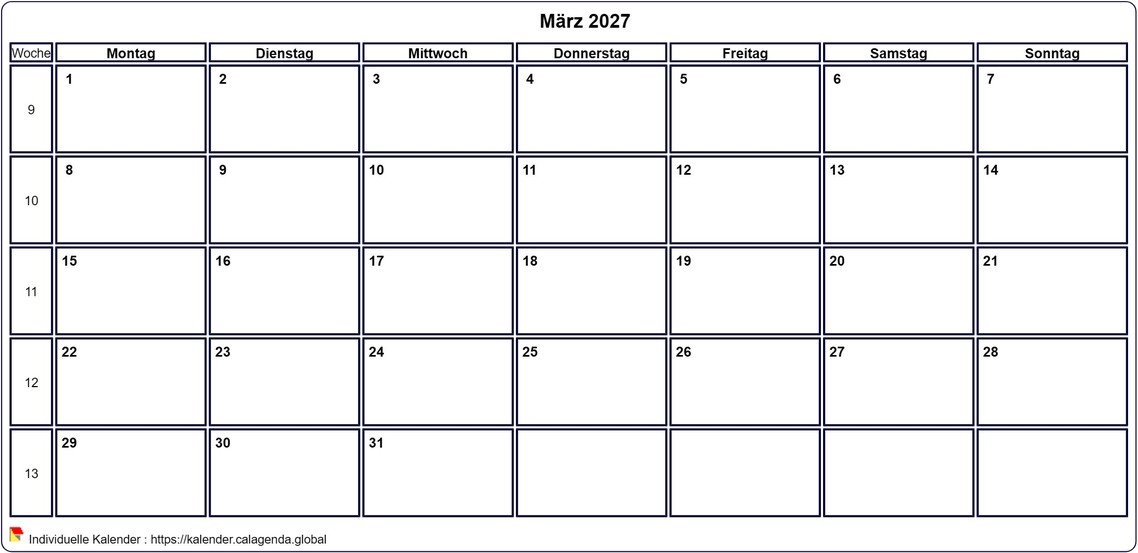 Kalender März 2027 Kalender März 2027