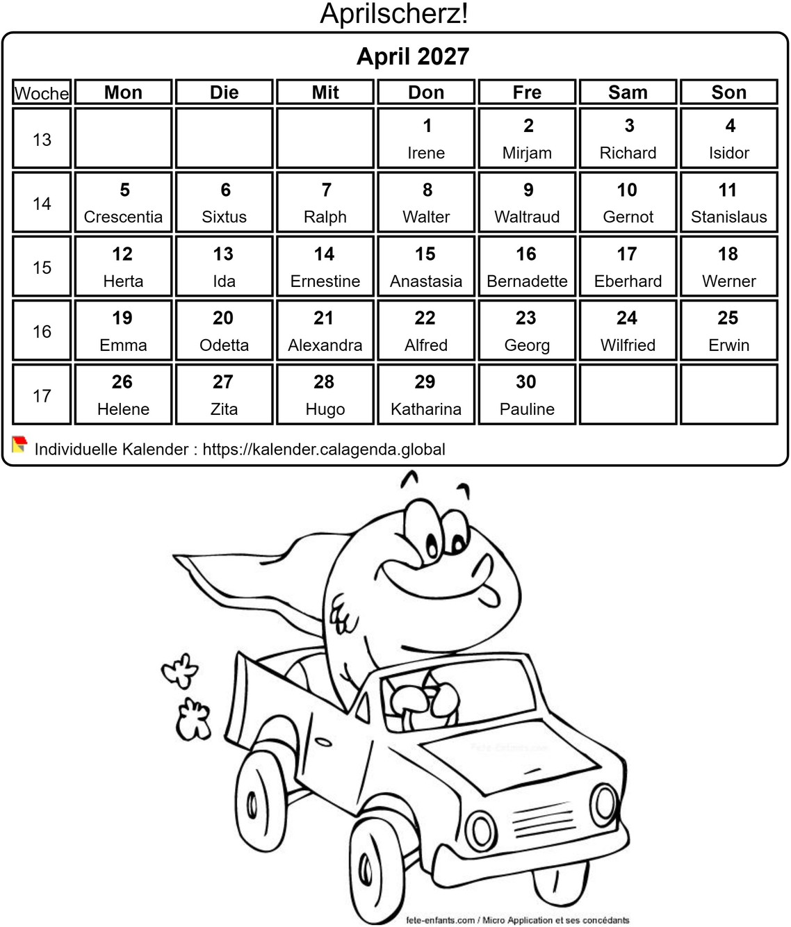 Kalender ausmalen April 2027