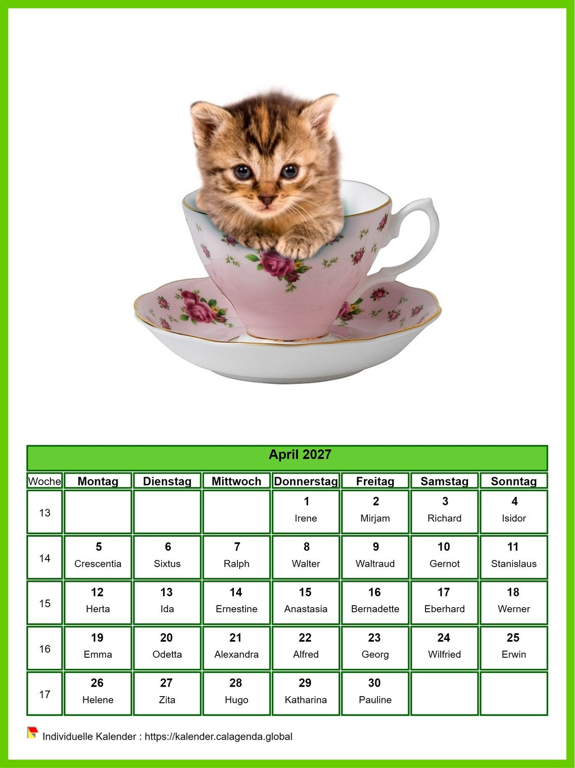 Kalender April 2027 Katzen