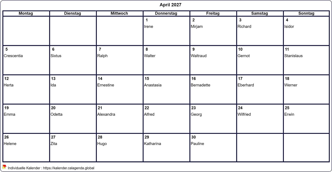 Kalender April 2027 leer ausdrucken