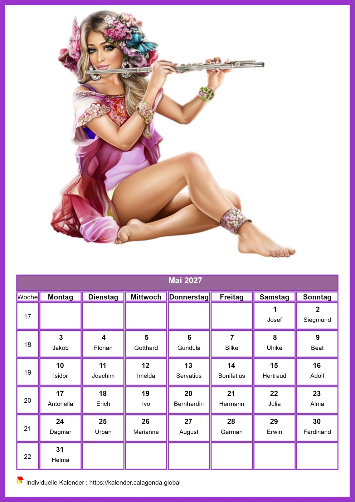 Kalender Mai 2027 Frauen