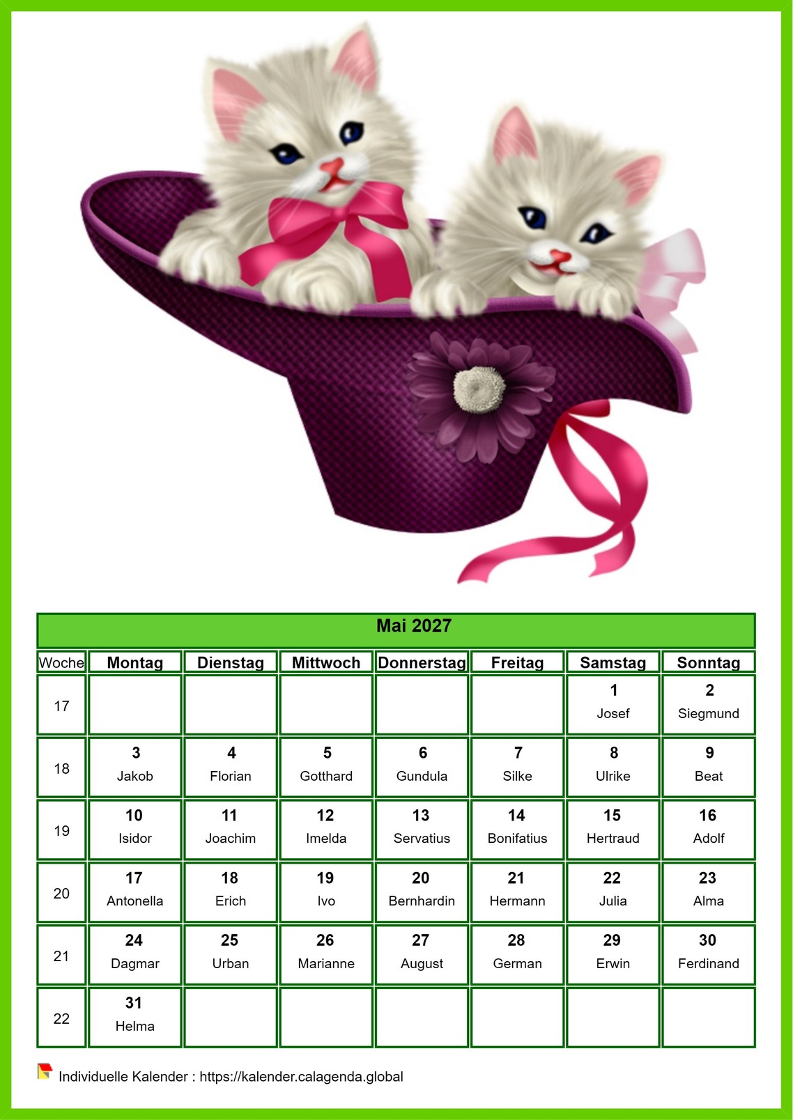 Kalender Mai 2027 Katzen