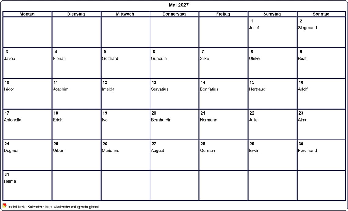 Kalender Mai 2027 leer ausdrucken