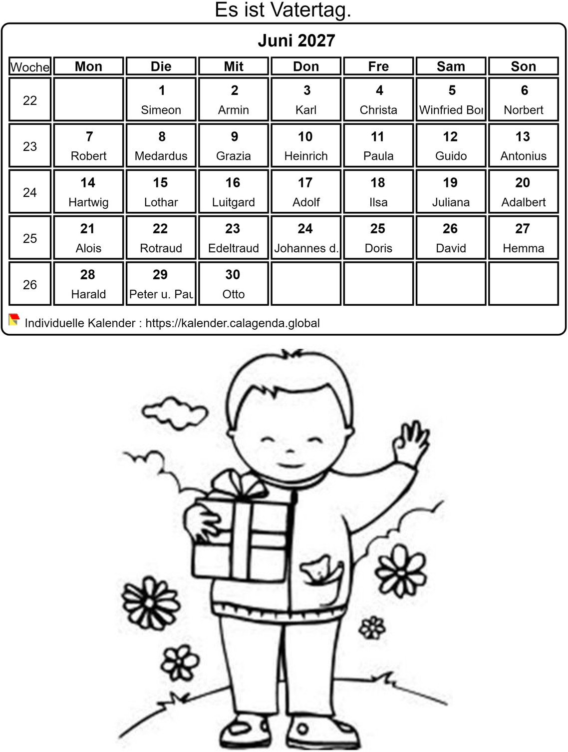 Kalender ausmalen Juni 2027