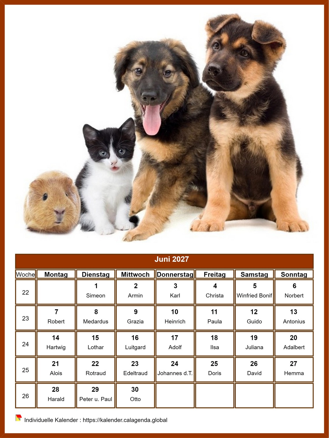 Kalender Juni 2027 Hunde