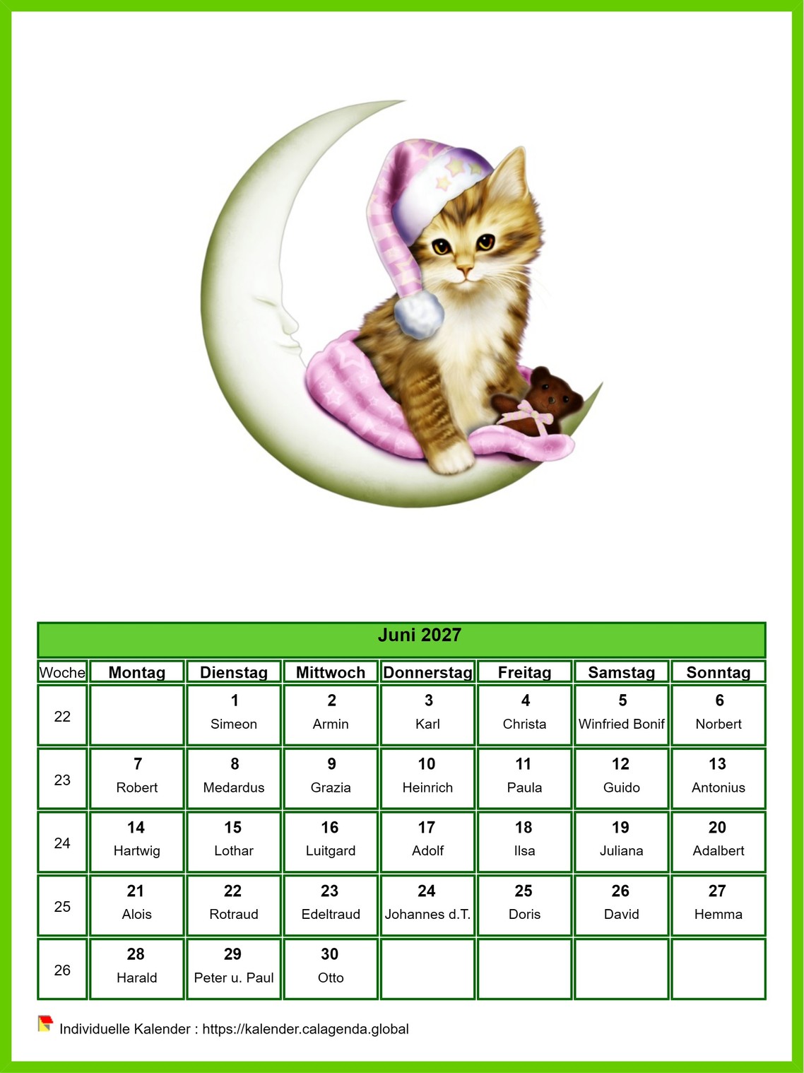 Kalender Juni 2027 Katzen
