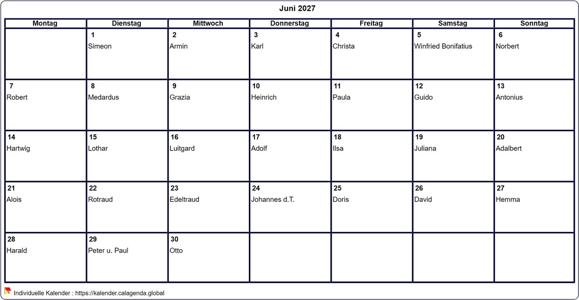 Kalender Juni 2027 leer ausdrucken