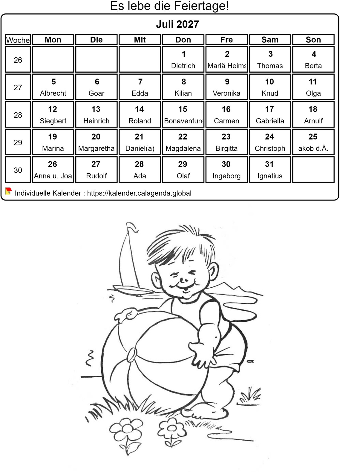 Kalender ausmalen Juli 2027