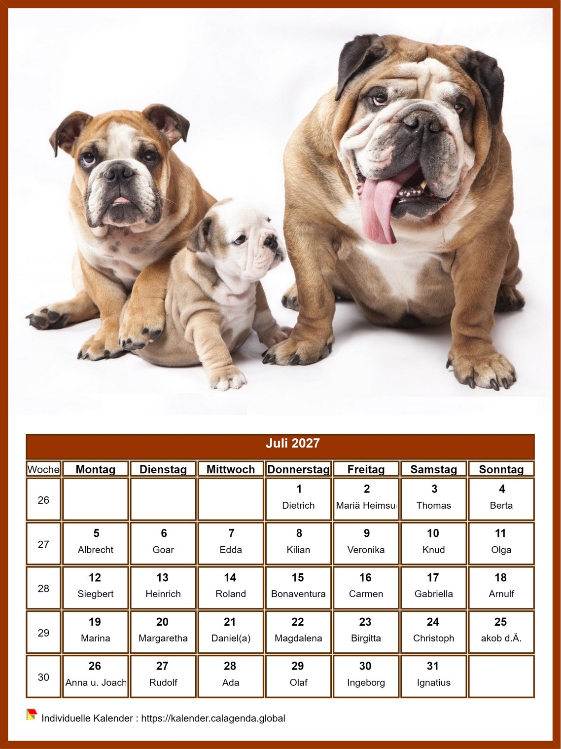 Kalender Juli 2027 Hunde