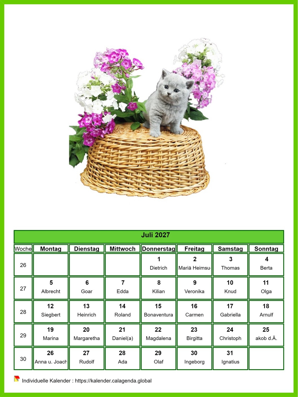 Kalender Juli 2027 Katzen
