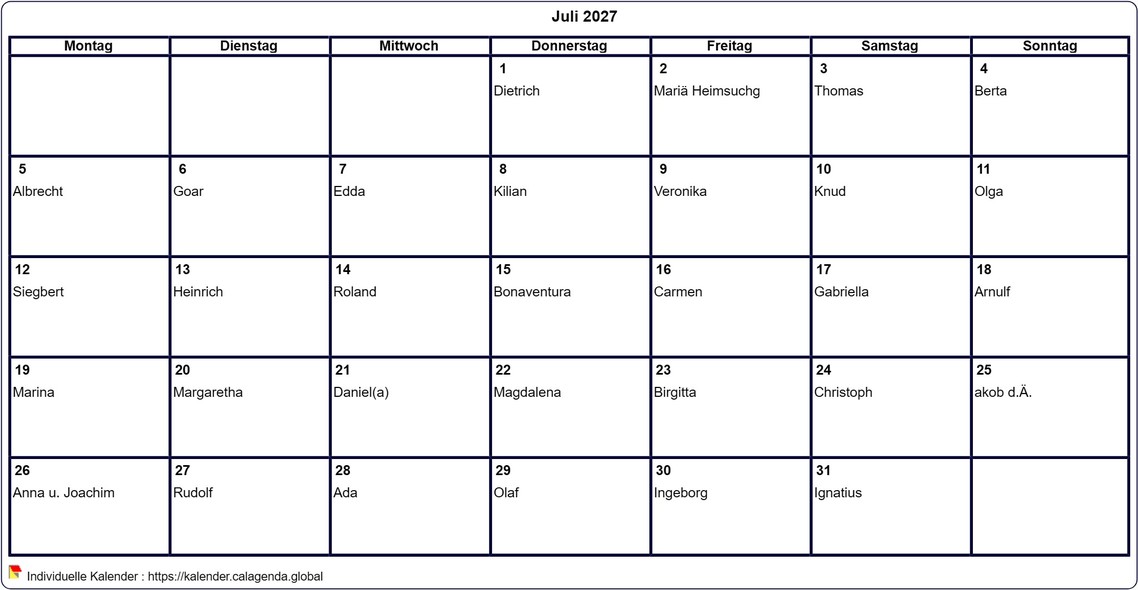 Kalender Juli 2027 leer ausdrucken