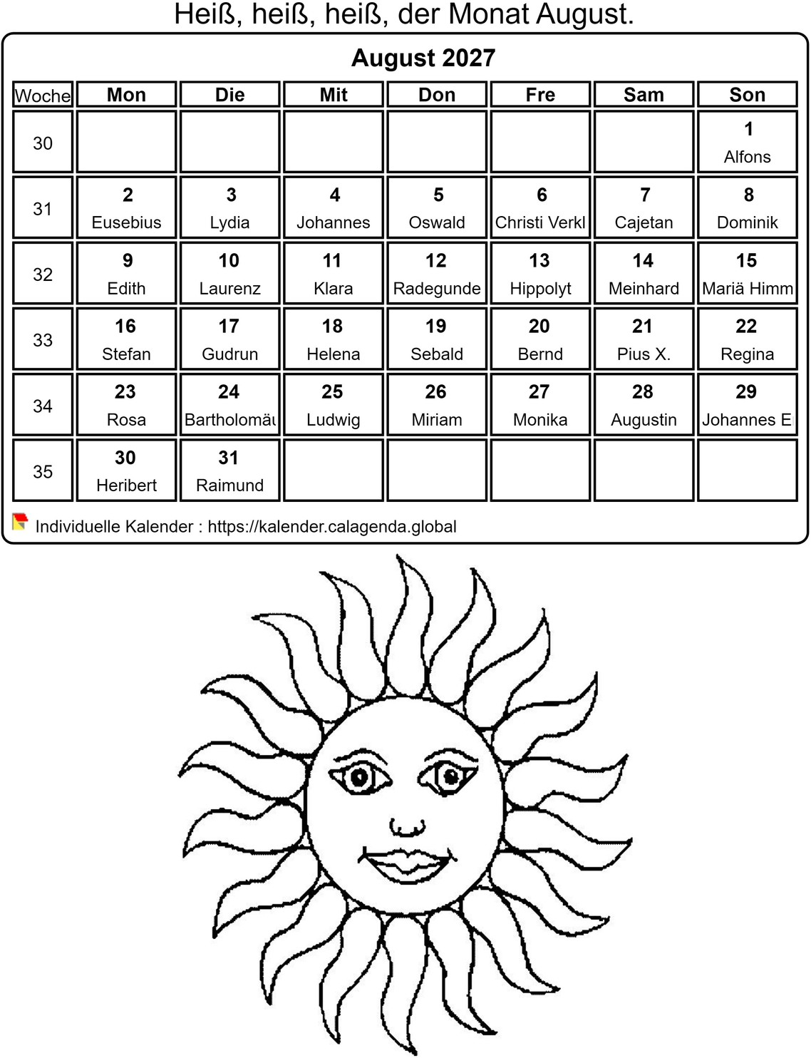 Kalender ausmalen August 2027