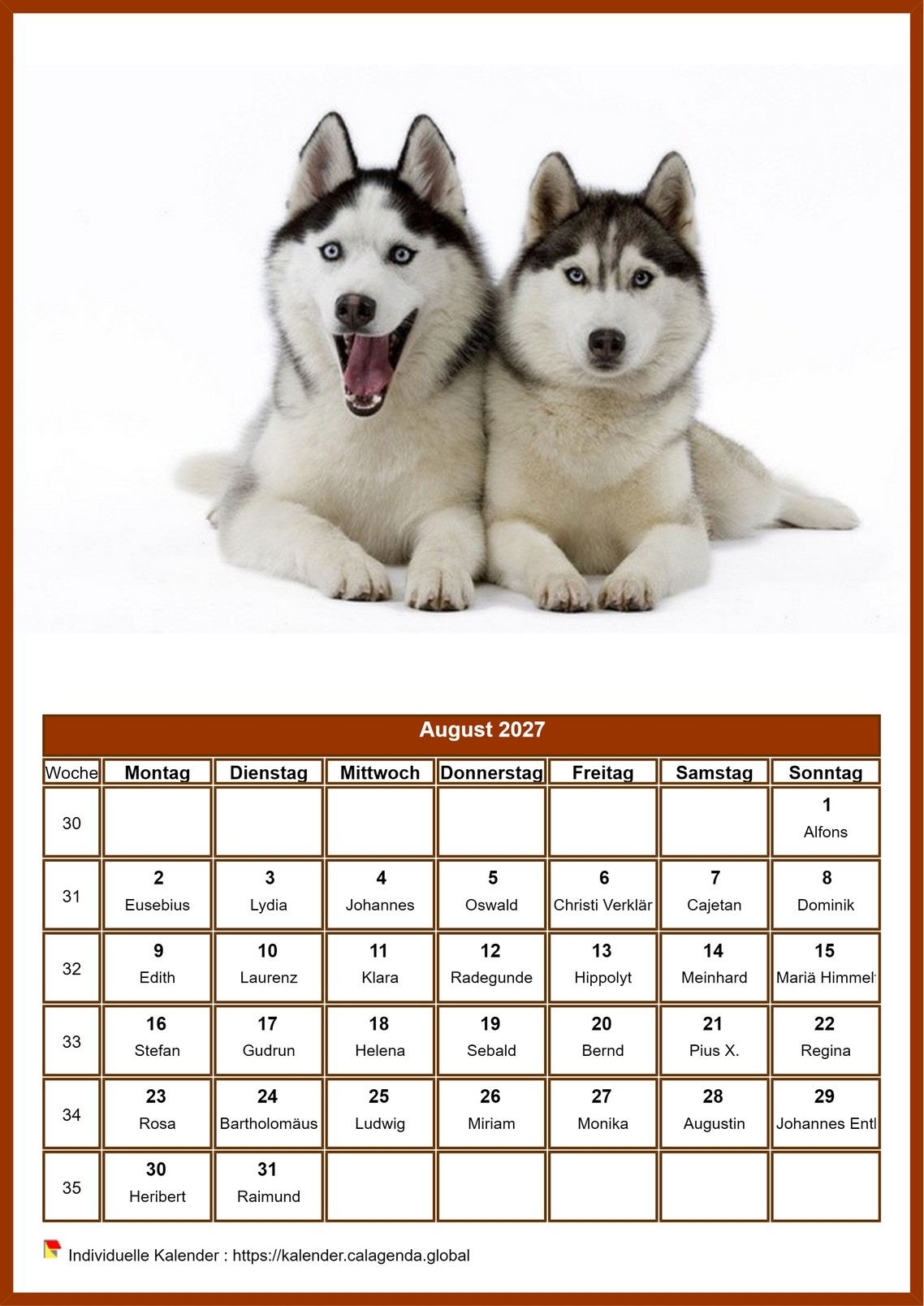 Kalender August 2027 Hunde