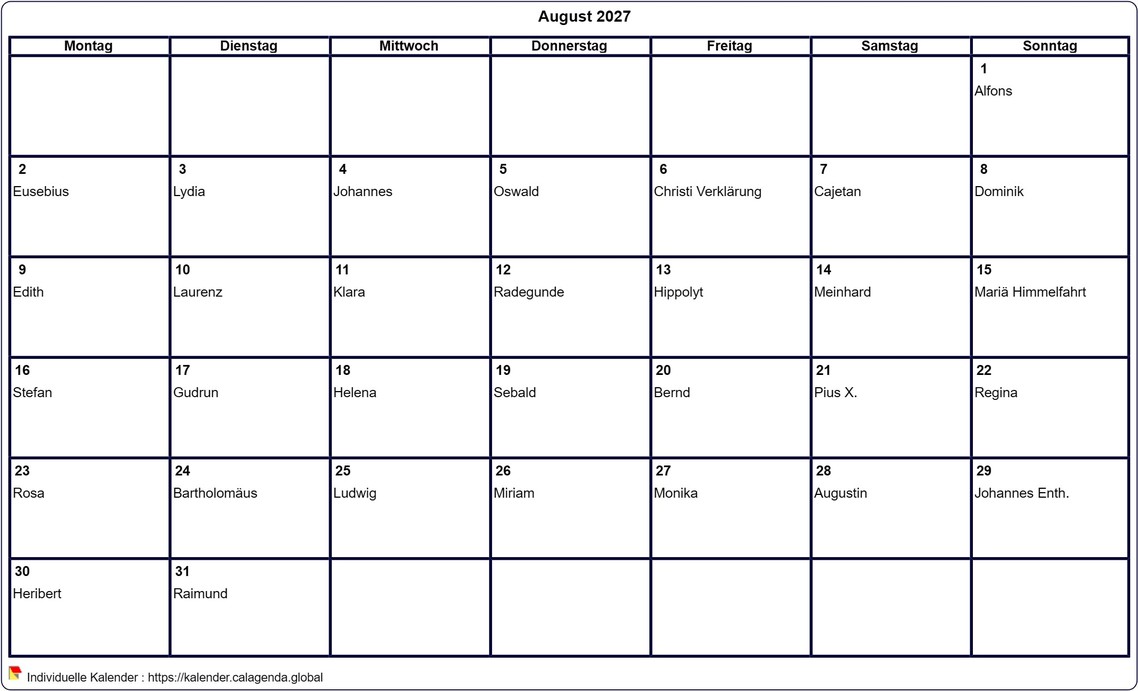 Kalender August 2027 leer ausdrucken