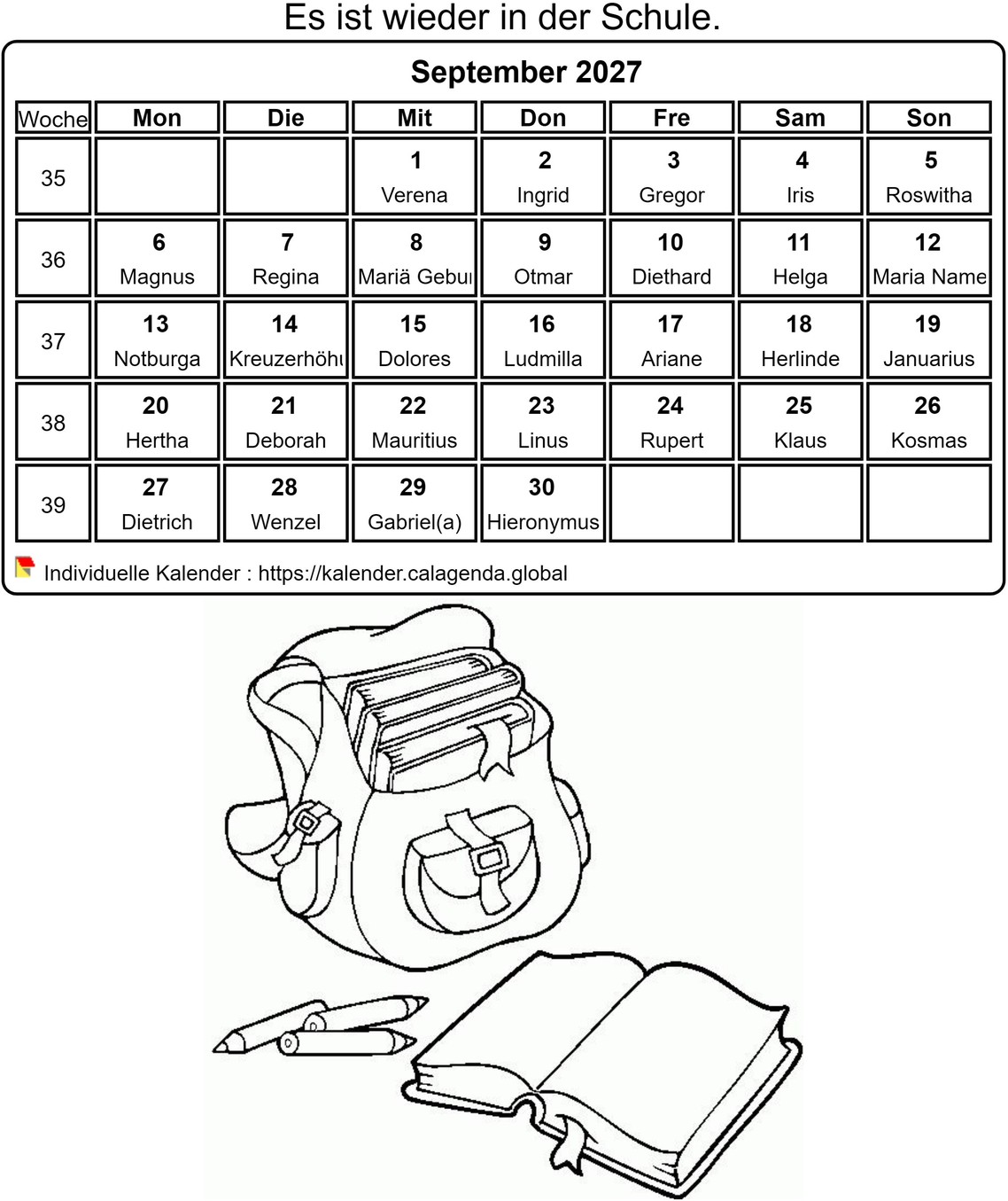 Kalender ausmalen September 2027