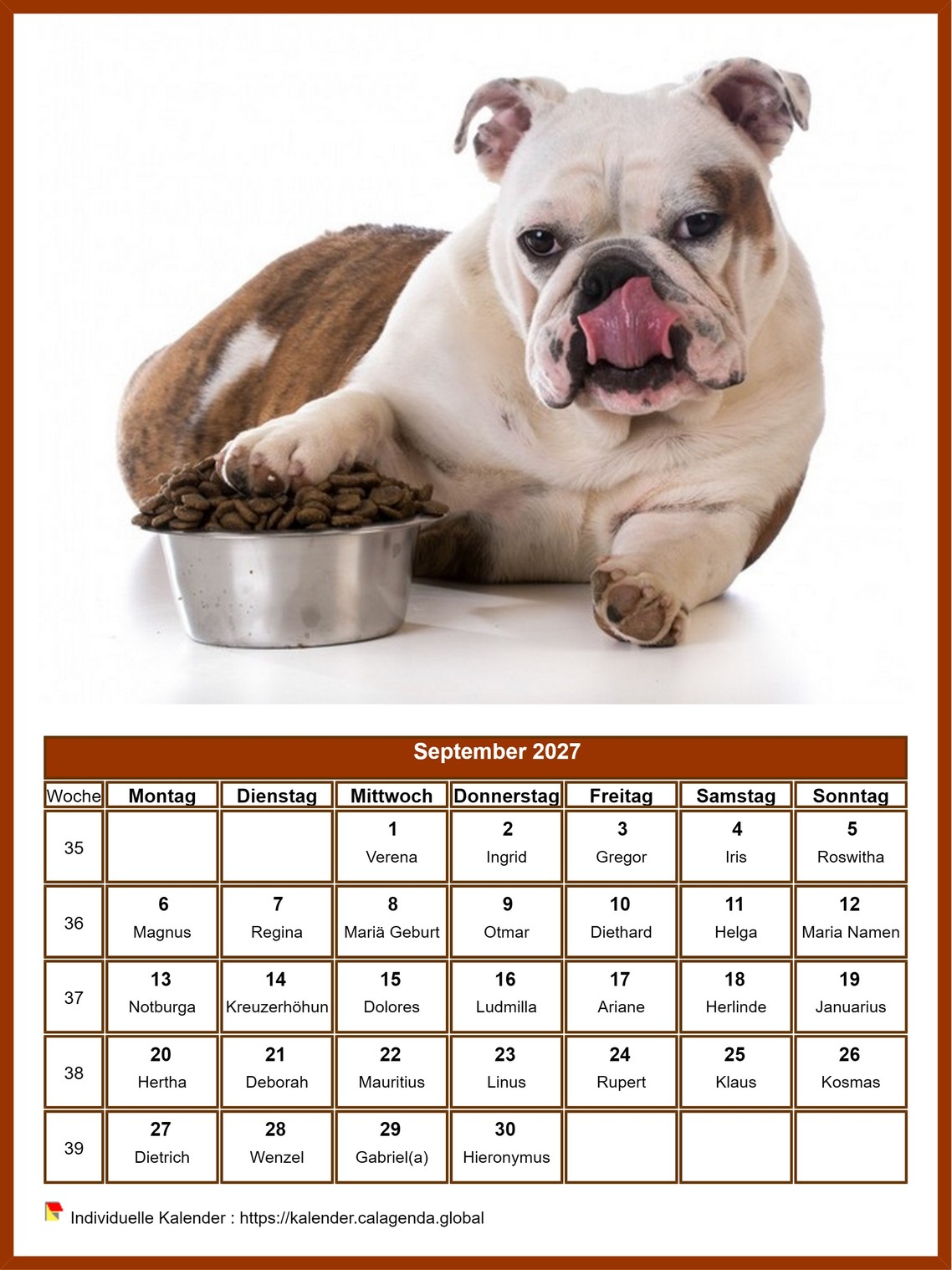 Kalender September 2027 Hunde
