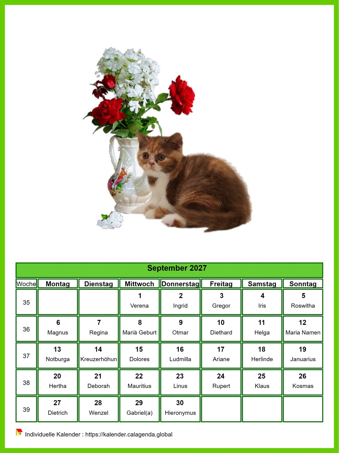 Kalender September 2027 Katzen
