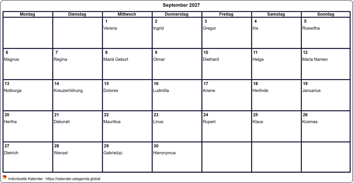 Kalender September 2027 leer ausdrucken