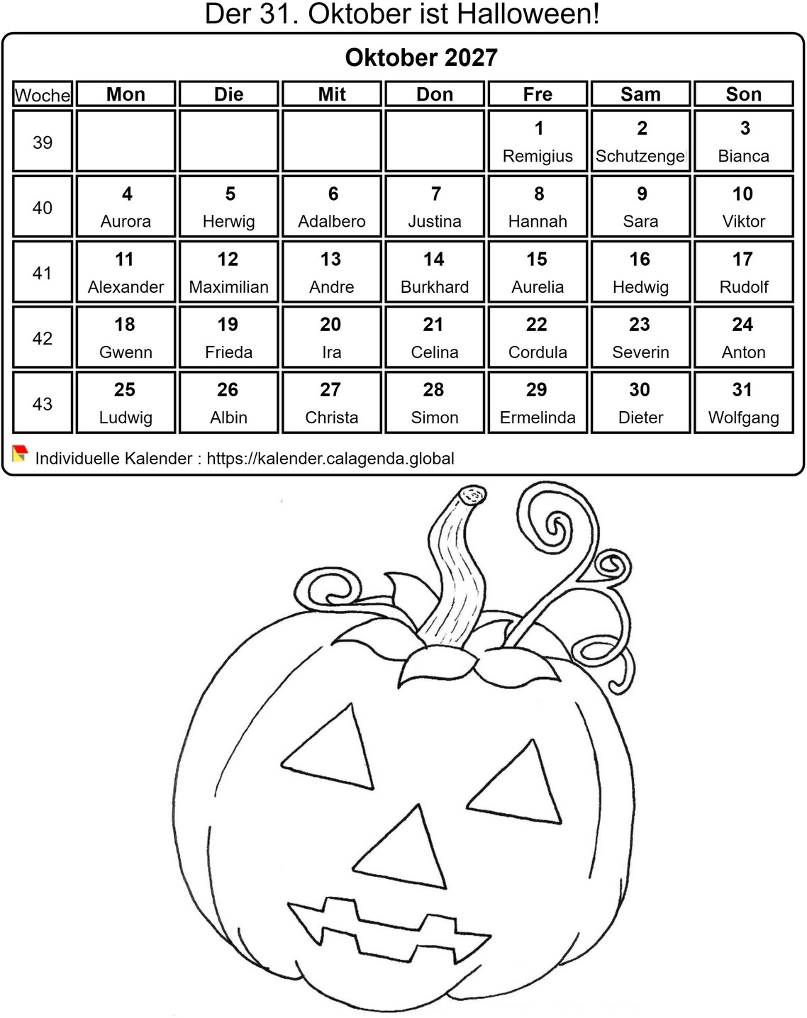 Kalender ausmalen Oktober 2027