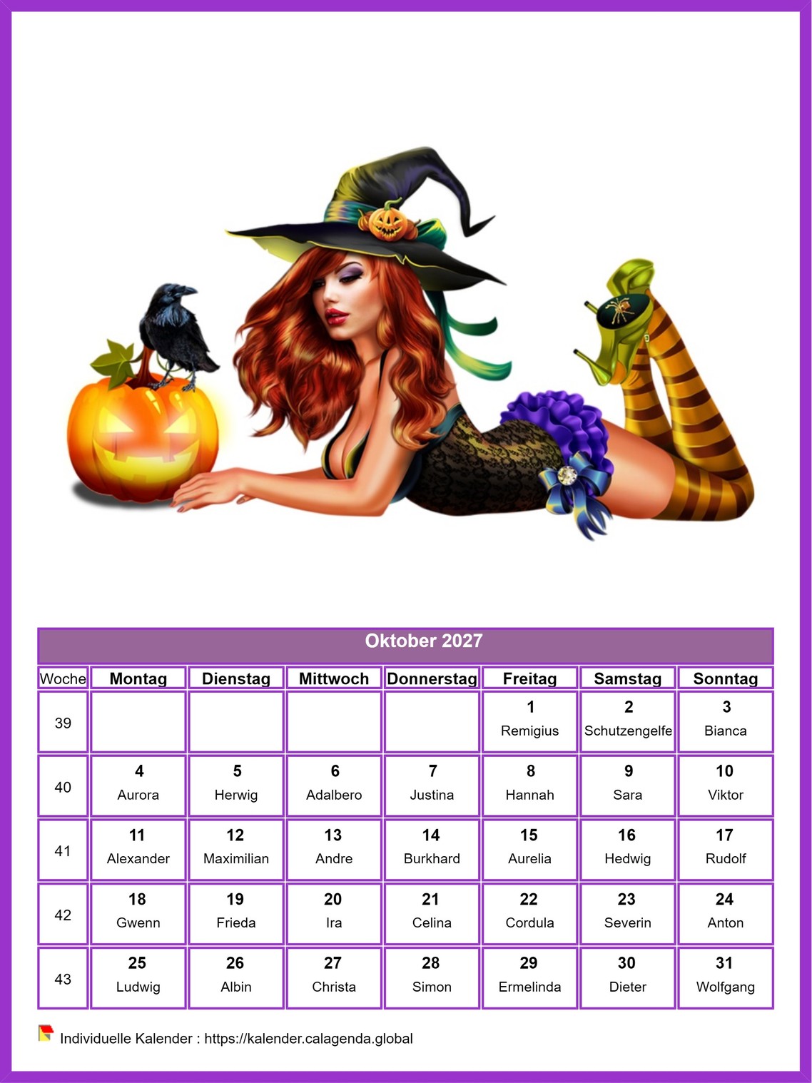 Kalender Oktober 2027 Frauen