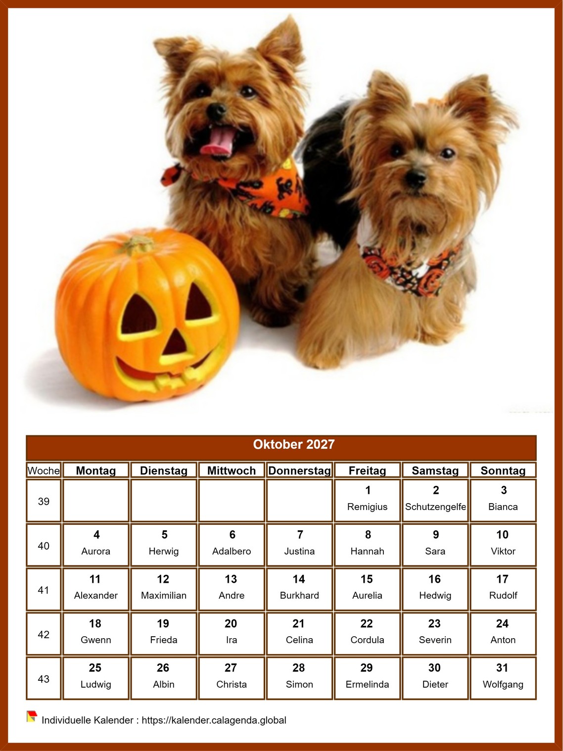 Kalender Oktober 2027 Hunde