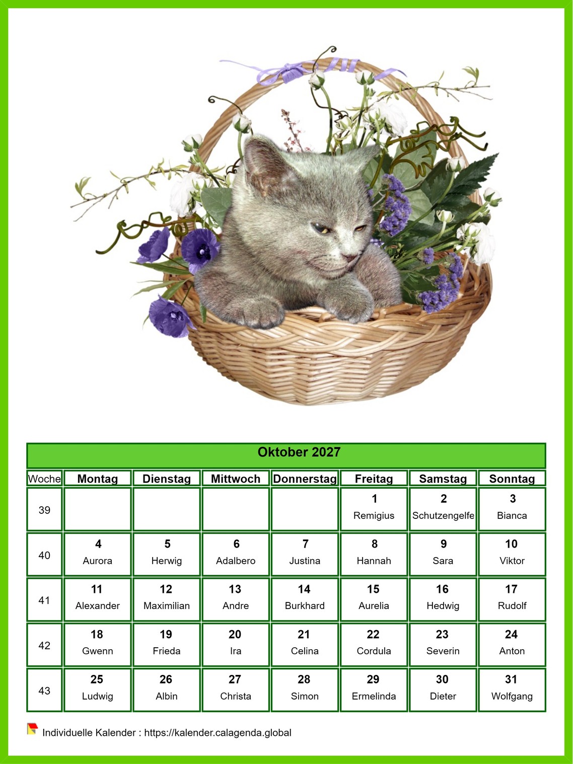 Kalender Oktober 2027 Katzen