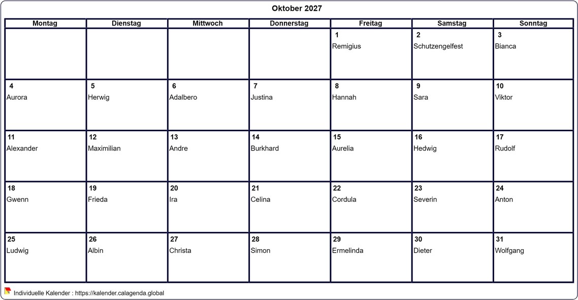 Kalender Oktober 2027 leer ausdrucken