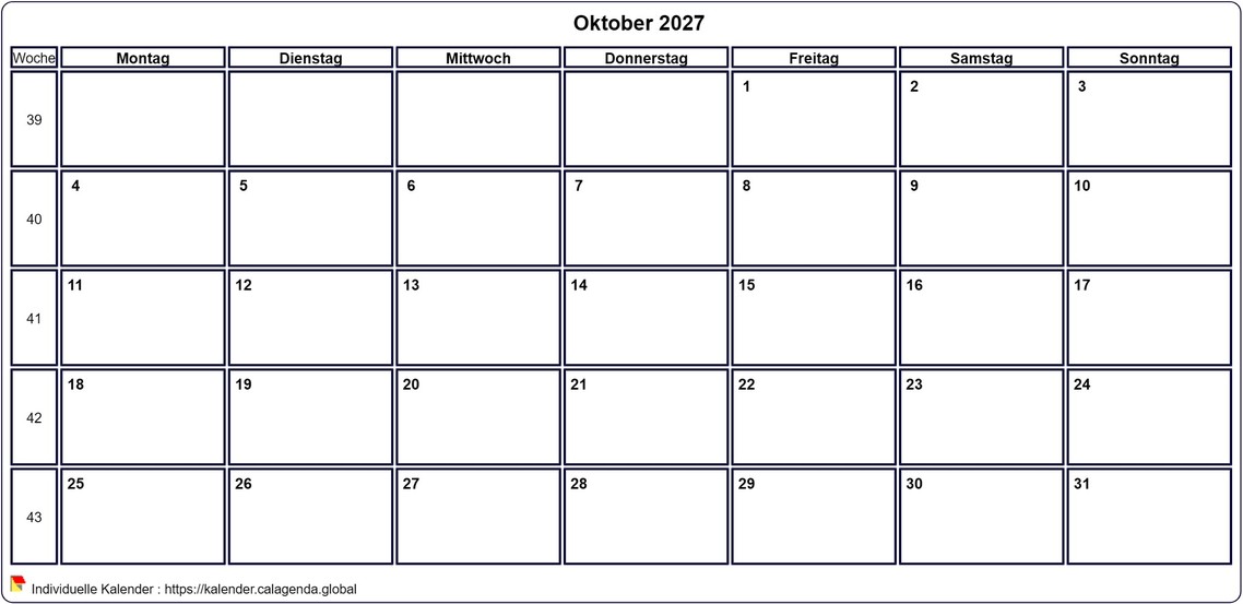 Kalender Oktober 2027