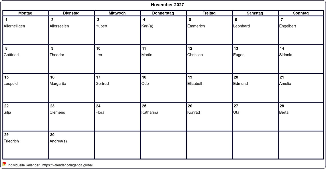 Kalender November 2027 leer ausdrucken