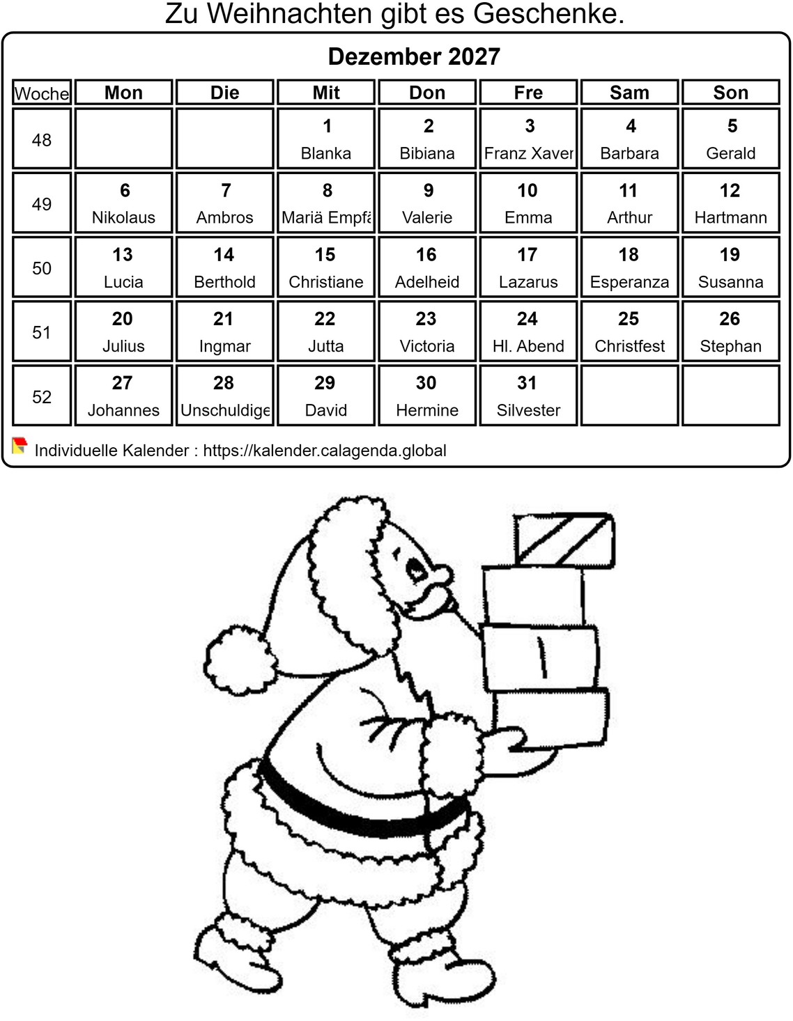 Kalender ausmalen Dezember 2027