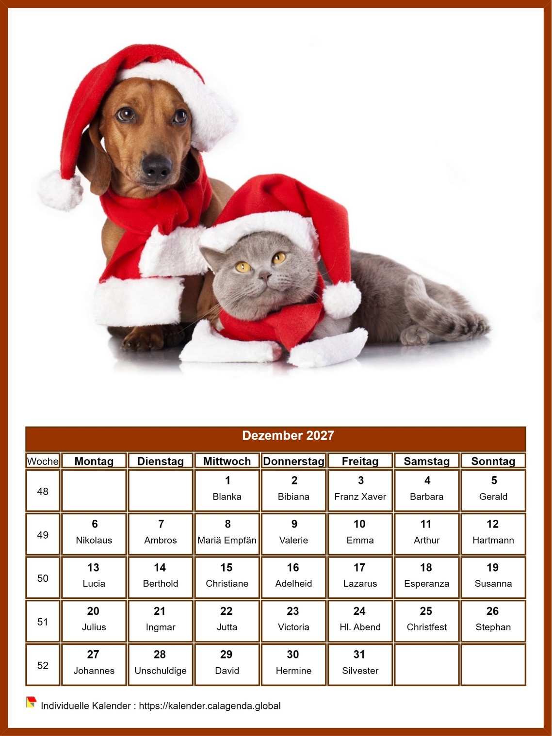 Kalender Dezember 2027 Hunde