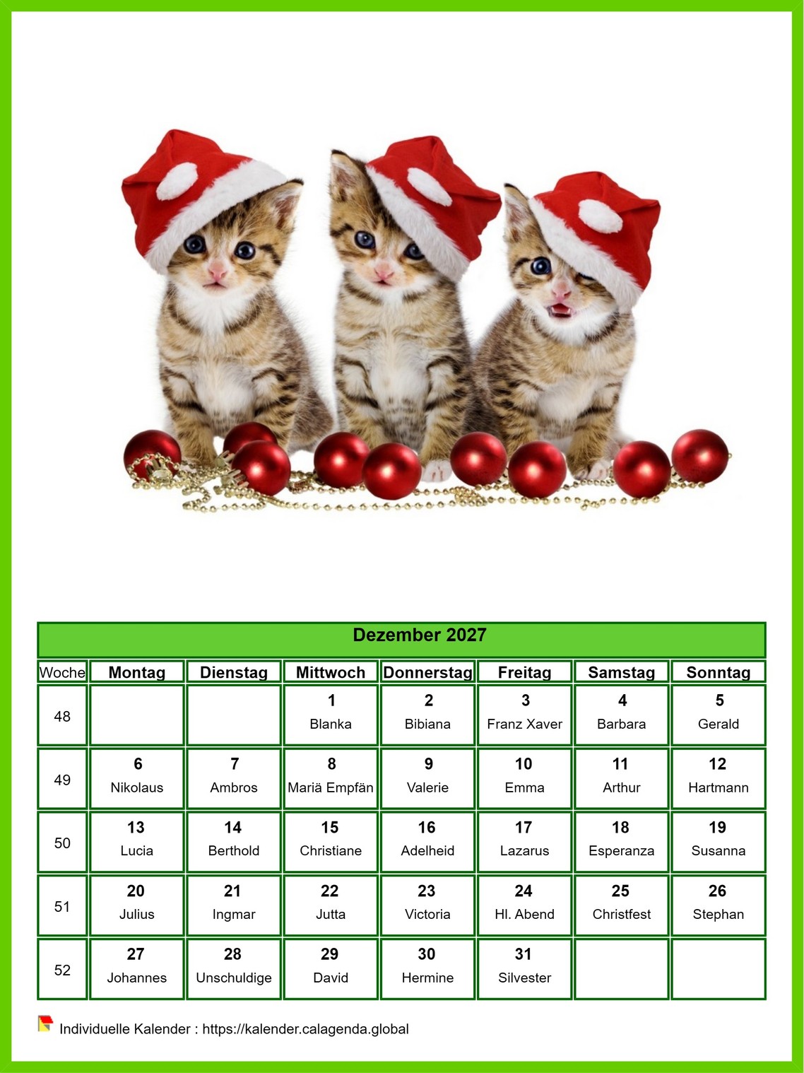 Kalender Dezember 2027 Katzen