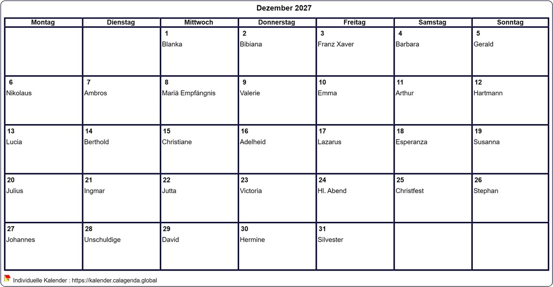 Kalender Dezember 2027 leer ausdrucken