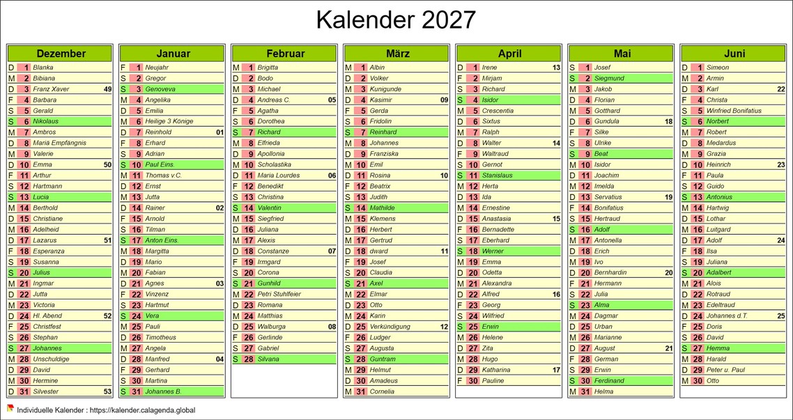 Kalender 2027 Halbjahr mit sieben Monaten