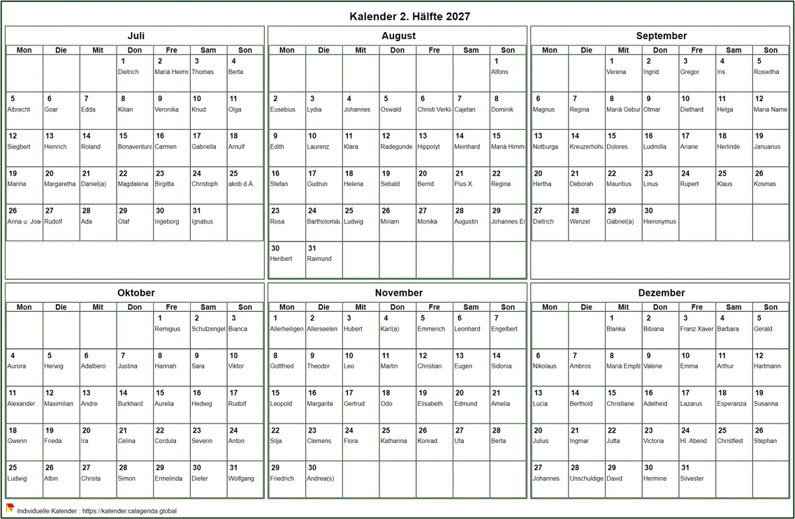 Kalender 2027 zum Ausdrucken Halbjahr, Format Querformat