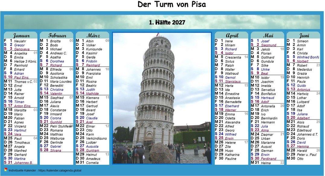 Kalender 2027 Halbjahreskalender in Spalten mit Foto in der Mitte