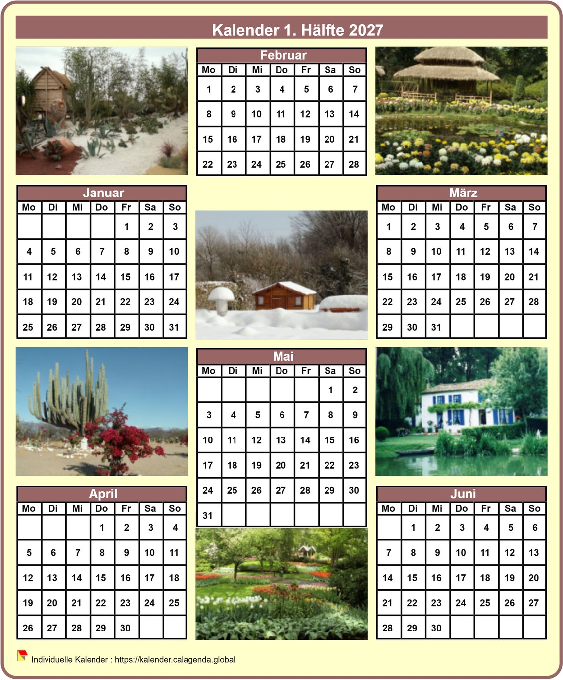Kalender 2027 Halbjahr mit jedem Monat einem anderen Foto